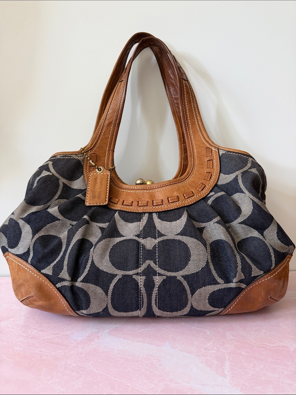 Vintage Coach 12747 Pleated Ergo Denim Monogram Shoulder Bag